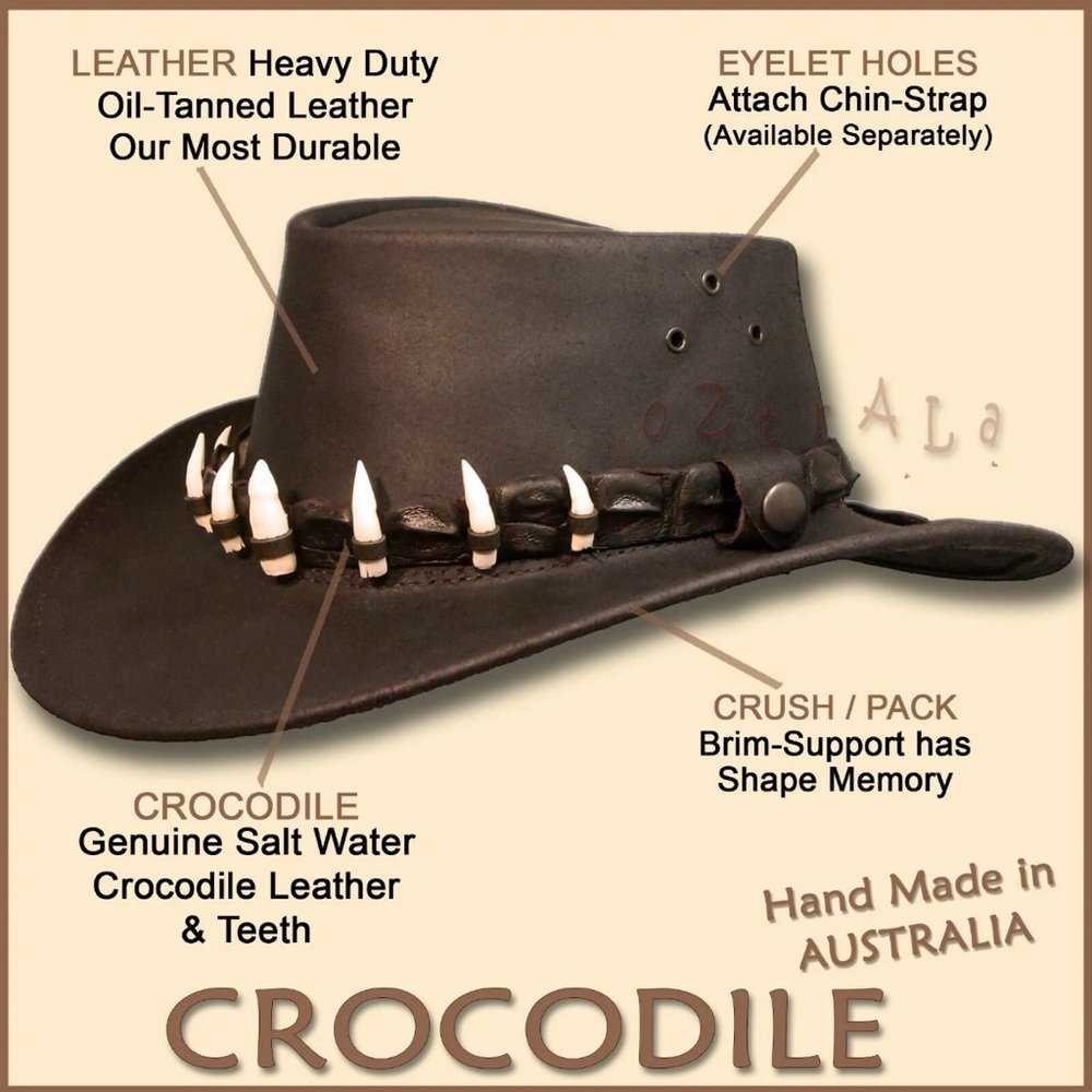 oZtrALa Jacaru Aussie Bush Oil Tanned and Leather and Crocodile Hat - Brown XL